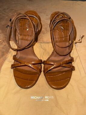 Michael Kors Cognac Croc-Embossed Leather Strappy Heels